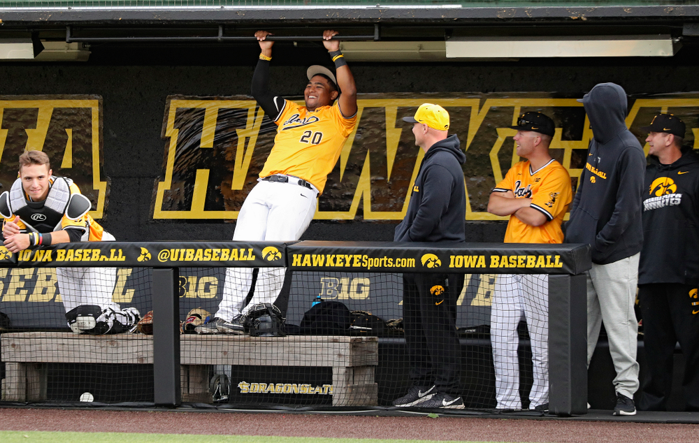 Iowa infielder Izaya Fullard (20) on the bench during the fifth inning of the first game of the Black and Gold Fall World Series at Duane Banks Field in Iowa City on Tuesday, Oct 15, 2019. (Stephen Mally/hawkeyesports.com)