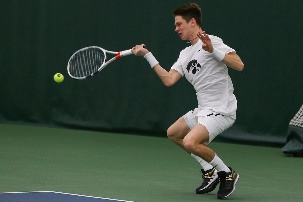 Iowa’s Jason Kerst hits a forehand during the Iowa men’s tennis match vs Western Michigan on Saturday, January 18, 2020 at the Hawkeye Tennis and Recreation Complex. (Lily Smith/hawkeyesports.com)
