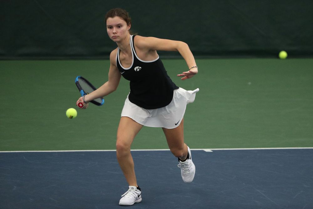 Iowa's Cloe Ruette during a doubles match against North Texas Sunday, January 20, 2019 at the Hawkeye Tennis and Recreation Center. (Brian Ray/hawkeyesports.com)