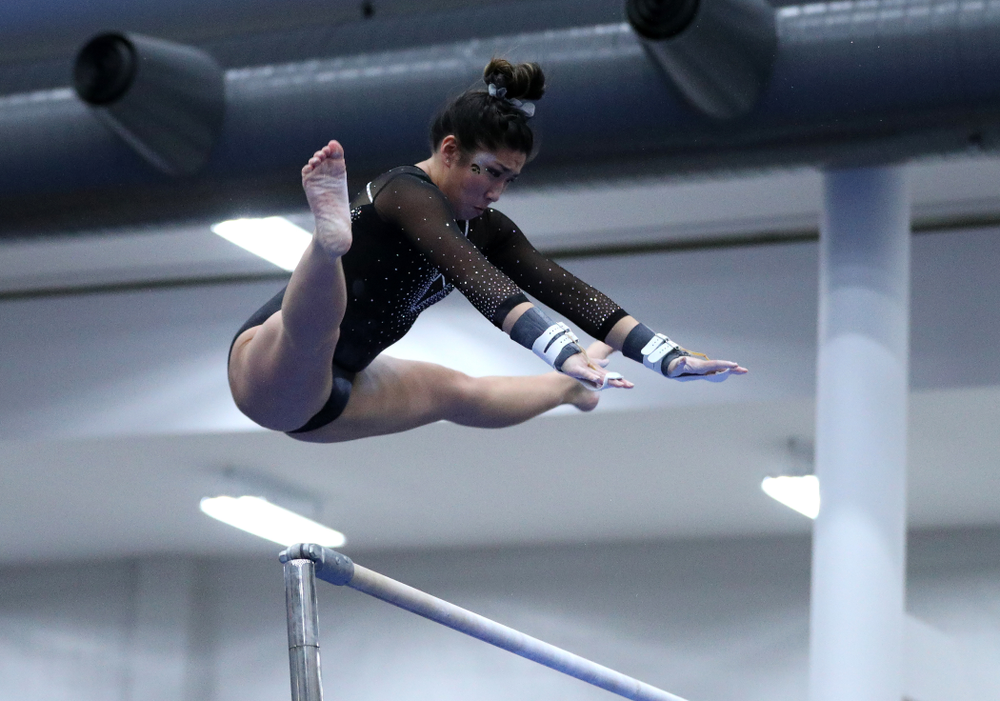 Nicole Chow competes on the bars during the Black and Gold intrasquad meet Saturday, December 1, 2018 at the University of Iowa Field House. (Brian Ray/hawkeyesports.com)
