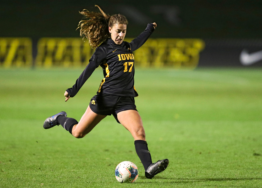 Iowa defender Hannah Drkulec (17) lines up a shot during the first half of their match at the Iowa Soccer Complex in Iowa City on Friday, Oct 11, 2019. (Stephen Mally/hawkeyesports.com)