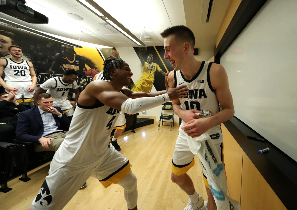 Iowa Hawkeyes guard Bakari Evelyn (4) and guard Joe Wieskamp (10) against the Maryland Terrapins Friday, January 10, 2020 at Carver-Hawkeye Arena. (Brian Ray/hawkeyesports.com)