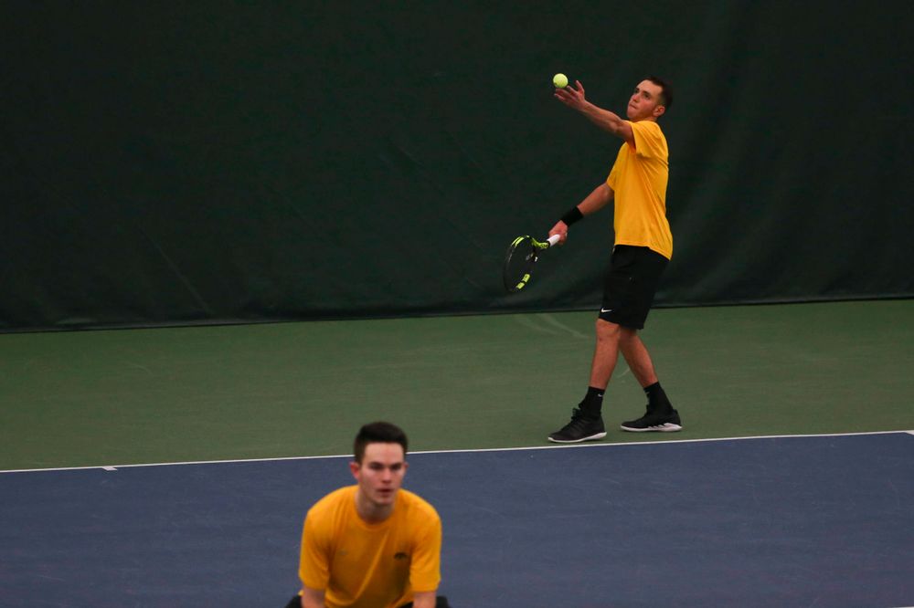 Iowa's Kareem Allaf at a tennis match vs Drake Friday, March 8, 2019 at the Hawkeye Tennis and Recreation Complex. (Lily Smith/hawkeyesports.com)