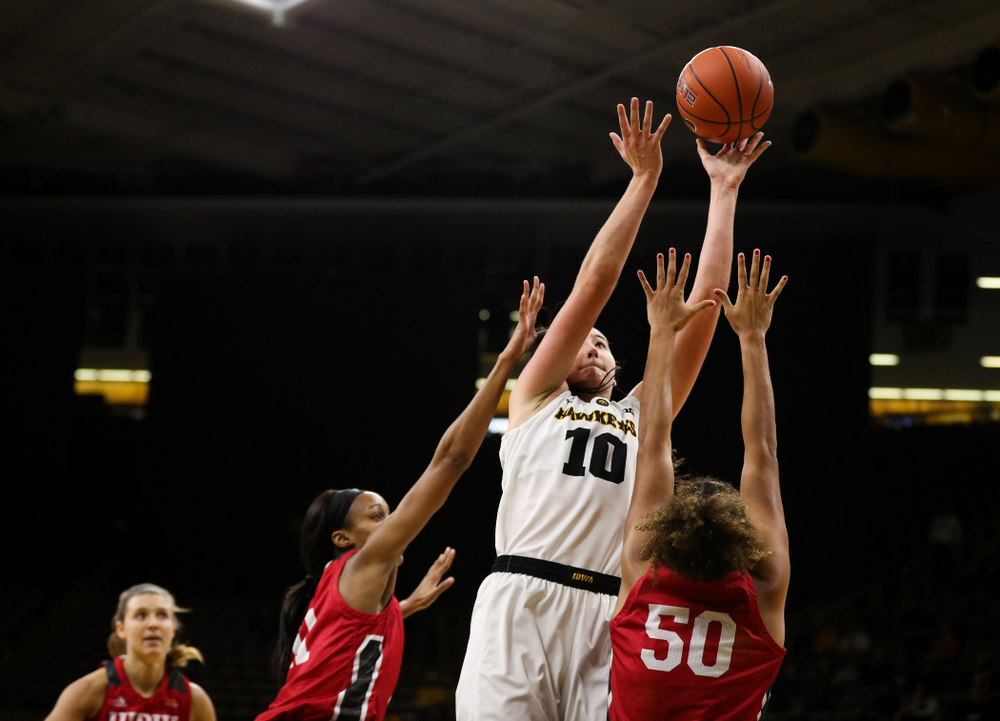 Iowa Hawkeyes forward Megan Gustafson (10) scores her 2,000th career point against the IUPUI Jaguars Saturday, December 8, 2018 at Carver-Hawkeye Arena. (Brian Ray/hawkeyesports.com)