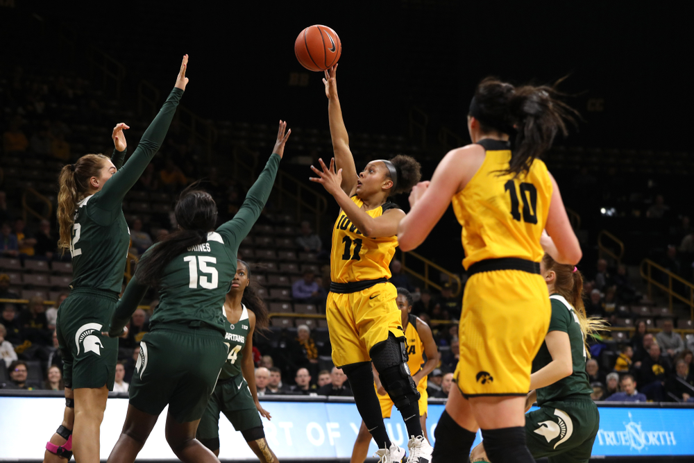 Iowa Hawkeyes guard Tania Davis (11) against the Michigan State Spartans Thursday, February 7, 2019 at Carver-Hawkeye Arena. (Brian Ray/hawkeyesports.com)