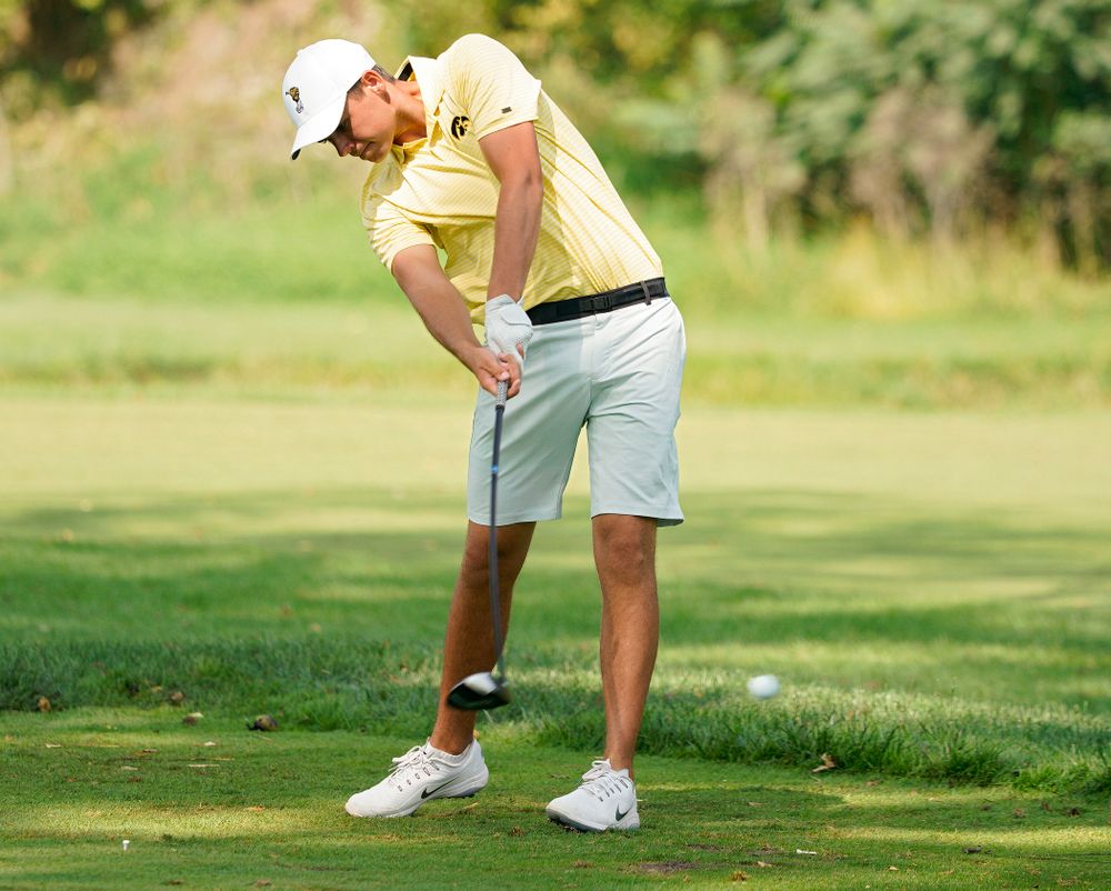 Iowa’s Garrett Tighe tees off during the third day of the Golfweek Conference Challenge at the Cedar Rapids Country Club in Cedar Rapids on Tuesday, Sep 17, 2019. (Stephen Mally/hawkeyesports.com)