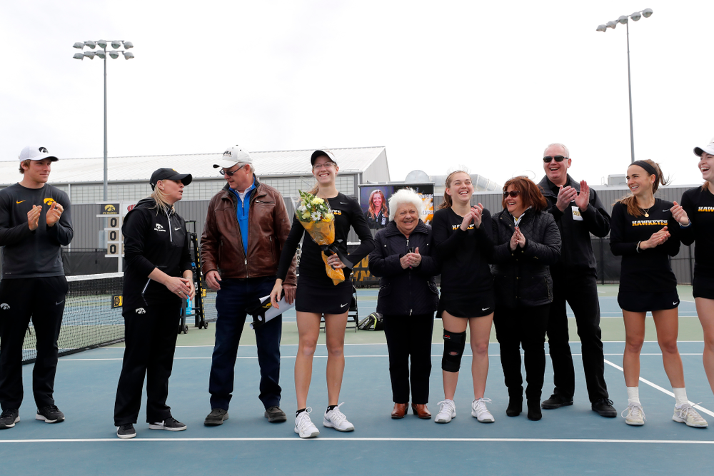 Iowa's Montana Crawford during Senior Day activities before their match against the Wisconsin Badgers Sunday, April 22, 2018 at the Hawkeye Tennis and Recreation Center. (Brian Ray/hawkeyesports.com)