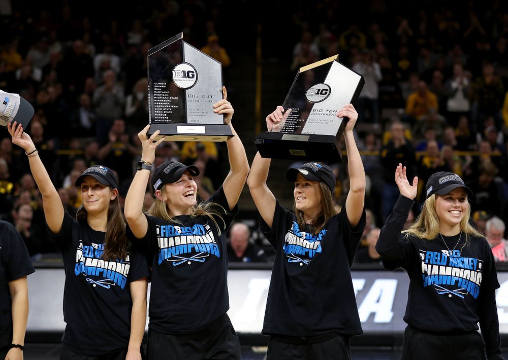 Isabella Solaroli, Katie Birch, Sophie Sunderland, Leslie Speight and the rest of the Iowa Field Hockey team are recognized during the Iowa Hawkeyes game against the Ohio State Buckeyes Thursday, February 20, 2020 at Carver-Hawkeye Arena. (Brian Ray/hawkeyesports.com)