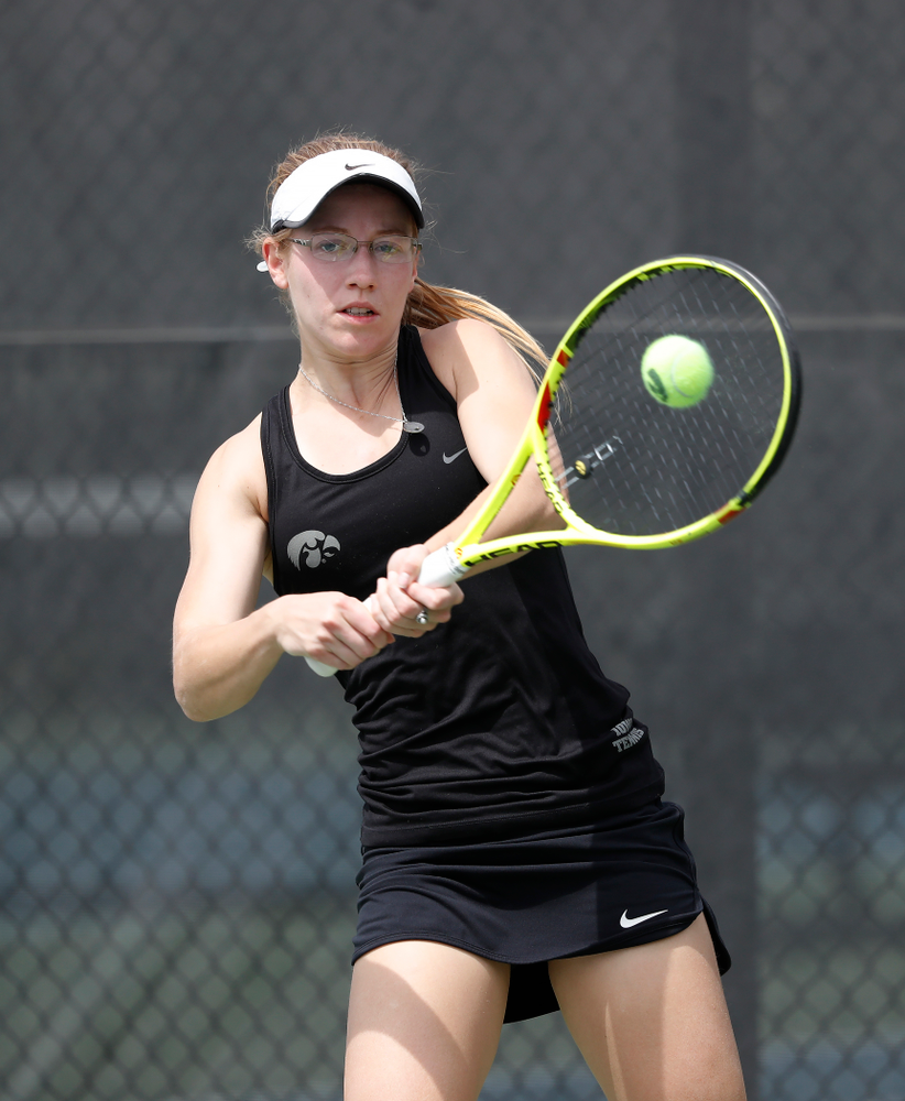 Iowa's Montana Crawford against the Wisconsin Badgers Sunday, April 22, 2018 at the Hawkeye Tennis and Recreation Center. (Brian Ray/hawkeyesports.com)