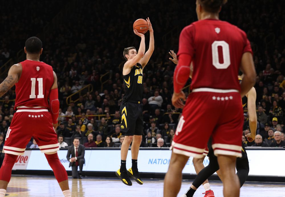 Iowa Hawkeyes forward Nicholas Baer (51) against the Indiana Hoosiers Friday, February 22, 2019 at Carver-Hawkeye Arena. (Brian Ray/hawkeyesports.com)