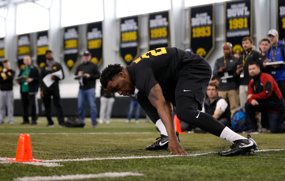 Iowa Hawkeyes running back Akrum Wadley (25) during the team's annual pro day Monday, March 26, 2018 at the Hansen Football Performance Center. (Brian Ray/hawkeyesports.com)