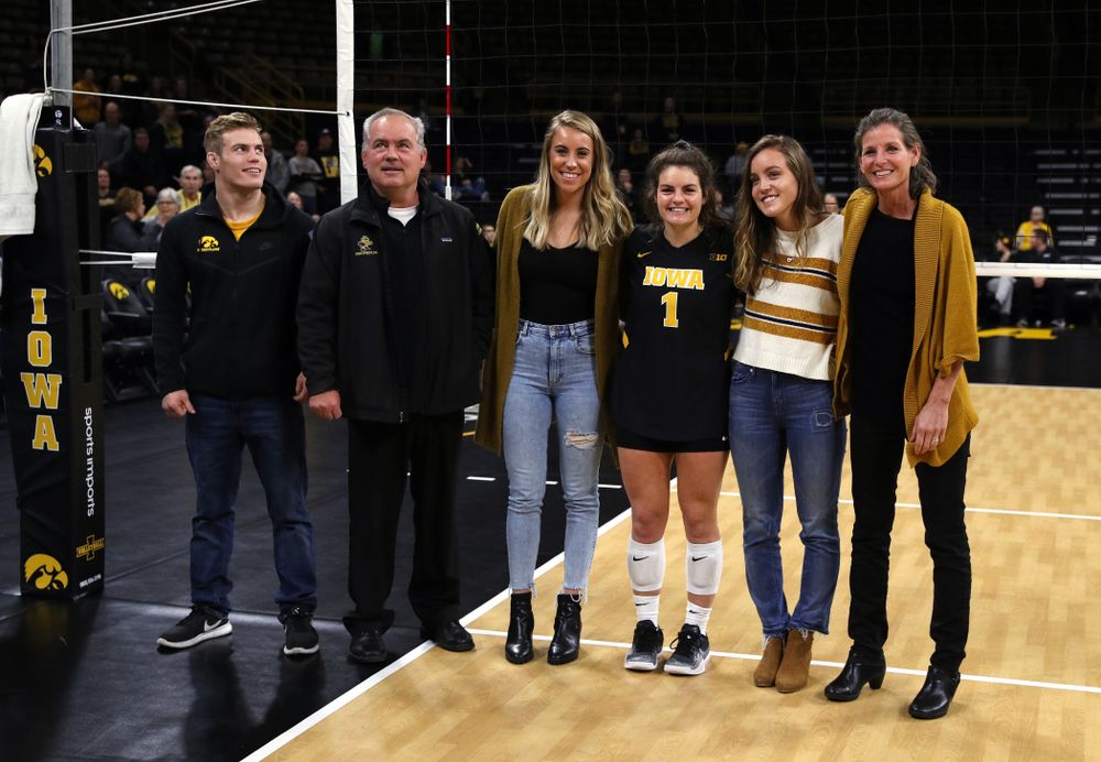 Iowa Hawkeyes defensive specialist Molly Kelly (1) during senior day activities before their game against the Ohio State Buckeyes Saturday, November 24, 2018 at Carver-Hawkeye Arena. (Brian Ray/hawkeyesports.com)