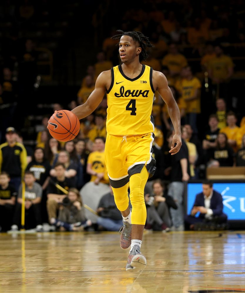 Iowa Hawkeyes guard Bakari Evelyn (4) against the Nebraska Cornhuskers Saturday, February 8, 2020 at Carver-Hawkeye Arena. (Brian Ray/hawkeyesports.com)