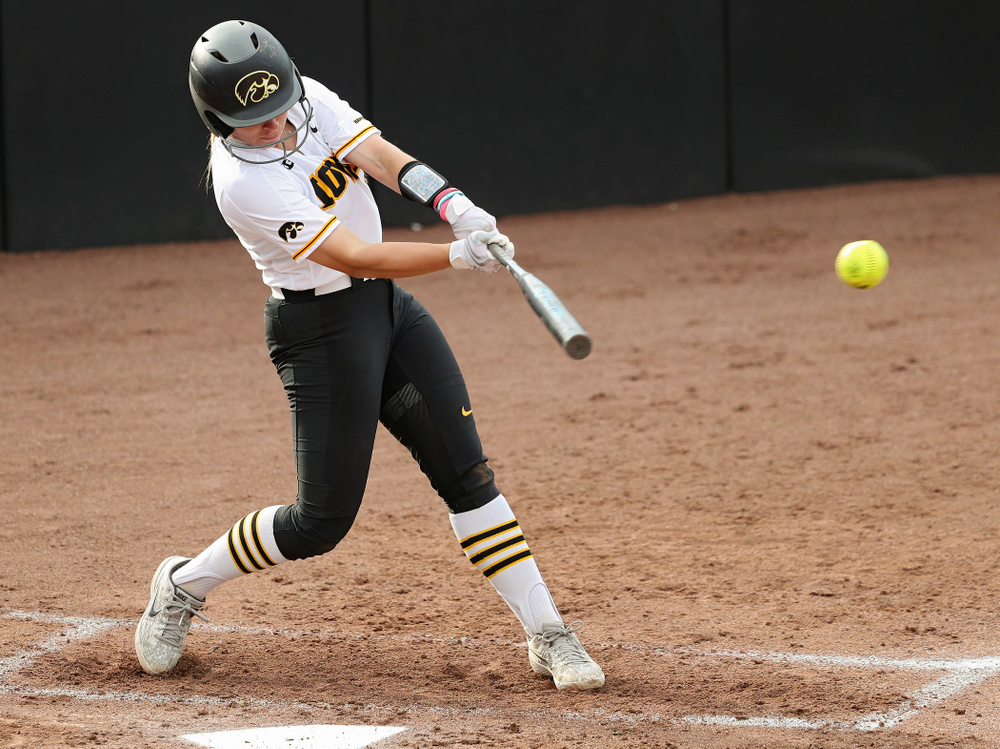 Iowa third baseman Sydney Owens (5) gets a hit during the second inning of their game against Ohio State at Pearl Field in Iowa City on Friday, May. 3, 2019. (Stephen Mally/hawkeyesports.com)