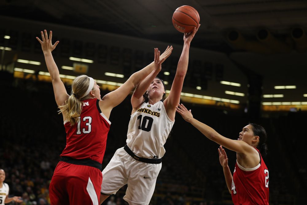 Iowa Hawkeyes forward Megan Gustafson (10) against the Nebraska Cornhuskers Thursday, January 3, 2019 at Carver-Hawkeye Arena. (Brian Ray/hawkeyesports.com)