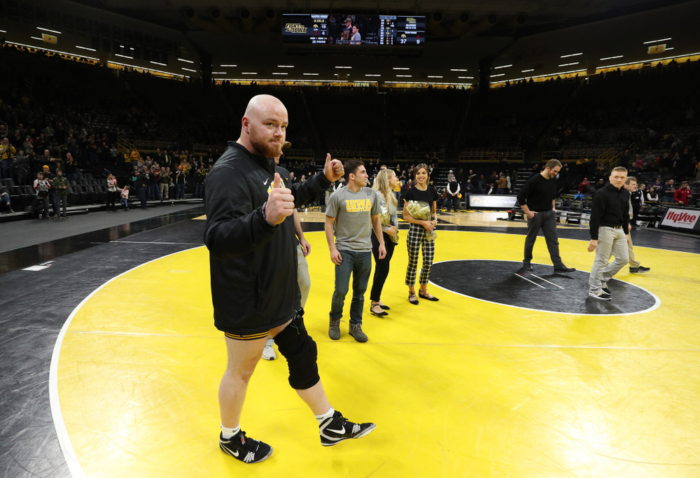 Iowa senior Sam Stoll during senior night following their meet against the Indiana Hoosiers Friday, February 15, 2019 at Carver-Hawkeye Arena. (Brian Ray/hawkeyesports.com)