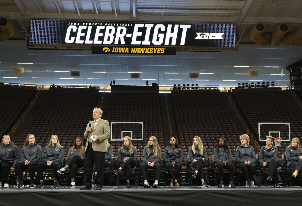 University of Iowa President Bruce Harreld speaks during the Iowa WomenÕs Basketball Celebr-Eight event Wednesday, April 24, 2019 at Carver-Hawkeye Arena. (Brian Ray/hawkeyesports.com)