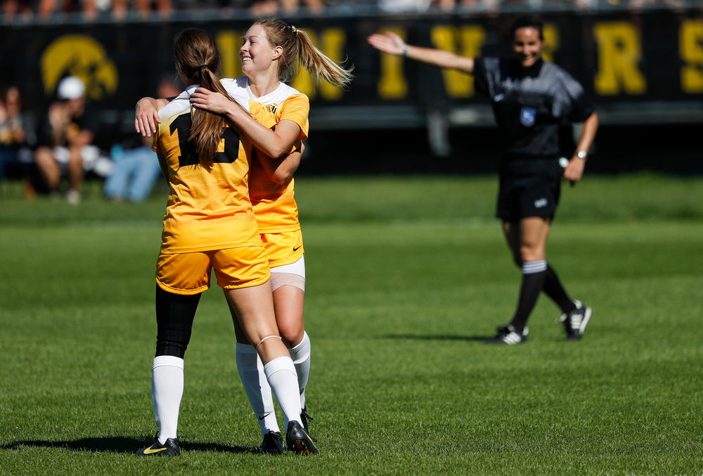 Iowa Hawkeyes forward Rose Ripslinger (15) and Iowa Hawkeyes midfielder Natalie Winters (10) celebrate after Ripslinger's goal during a game against Indiana at the Iowa Soccer Complex on September 23, 2018. (Tork Mason/hawkeyesports.com)