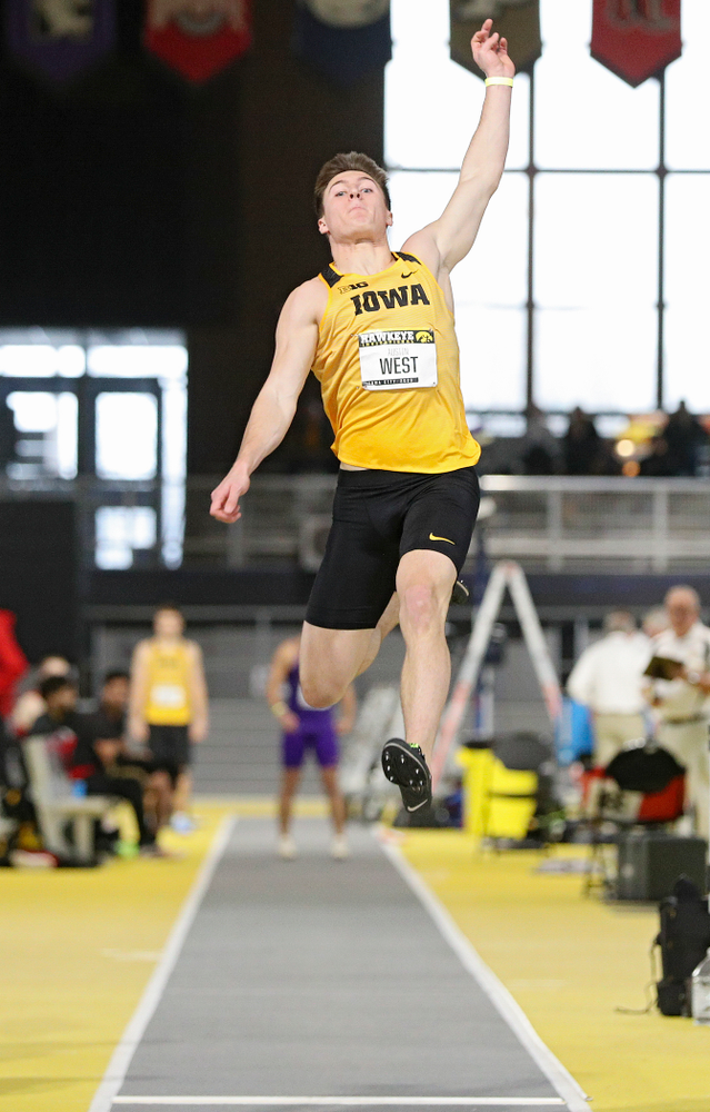Iowa’s Austin West competes in the men’s long jump event during the Hawkeye Invitational at the Recreation Building in Iowa City on Saturday, January 11, 2020. (Stephen Mally/hawkeyesports.com)