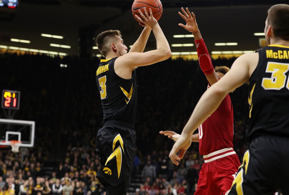 Iowa Hawkeyes guard Jordan Bohannon (3) makes a three point basket to tie the game late against the Indiana Hoosiers Friday, February 22, 2019 at Carver-Hawkeye Arena. (Brian Ray/hawkeyesports.com)