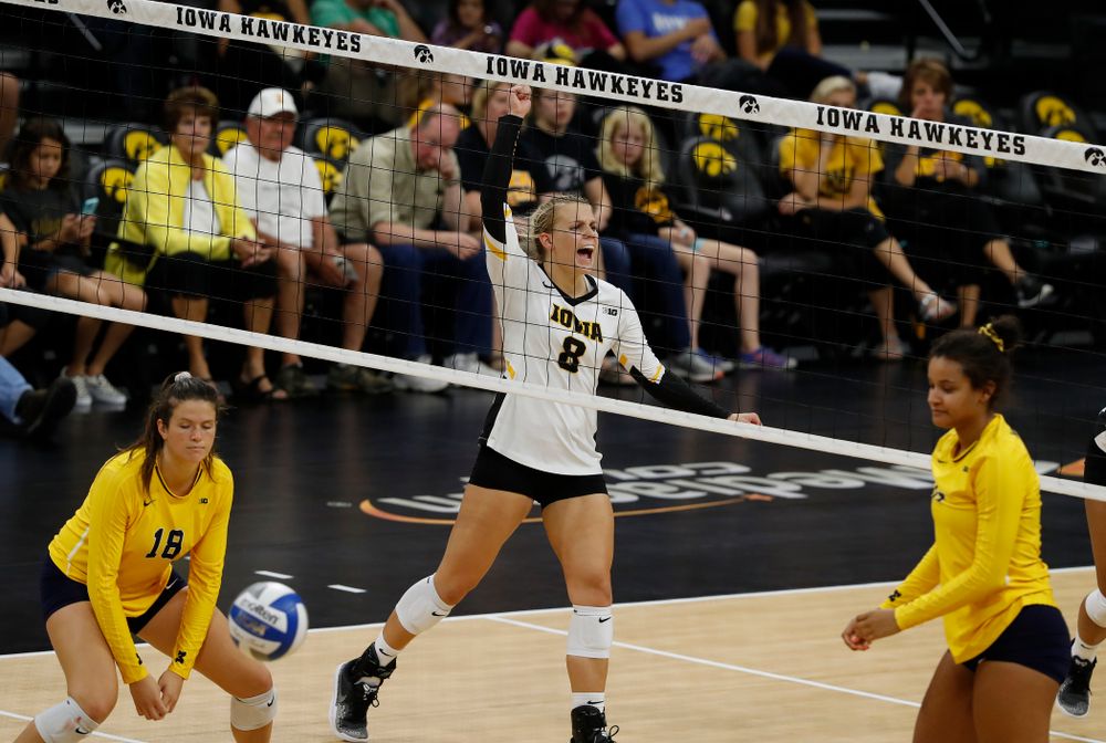 Iowa Hawkeyes right side hitter Reghan Coyle (8) against the Michigan Wolverines Sunday, September 23, 2018 at Carver-Hawkeye Arena. (Brian Ray/hawkeyesports.com)