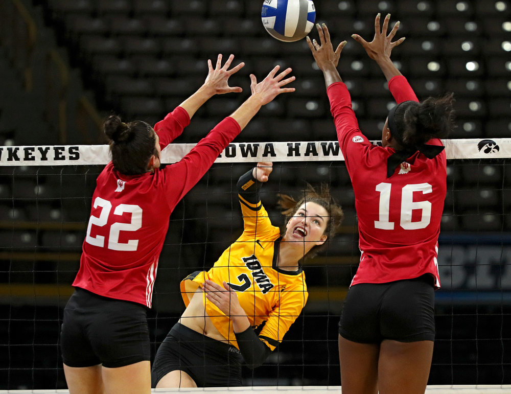 Iowa’s Courtney Buzzerio (2) sends the ball over during their match at Carver-Hawkeye Arena in Iowa City on Sunday, Oct 20, 2019. (Stephen Mally/hawkeyesports.com)