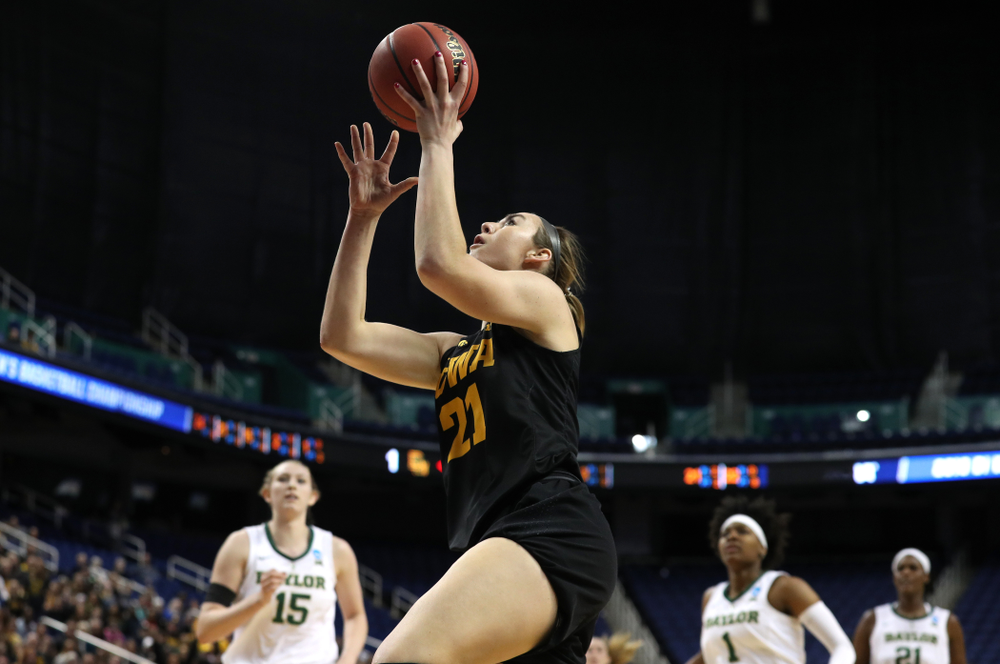 Iowa Hawkeyes forward Hannah Stewart (21) against the Baylor Lady Bears in the regional final of the 2019 NCAA Women's College Basketball Tournament Monday, April 1, 2019 at Greensboro Coliseum in Greensboro, NC.(Brian Ray/hawkeyesports.com)
