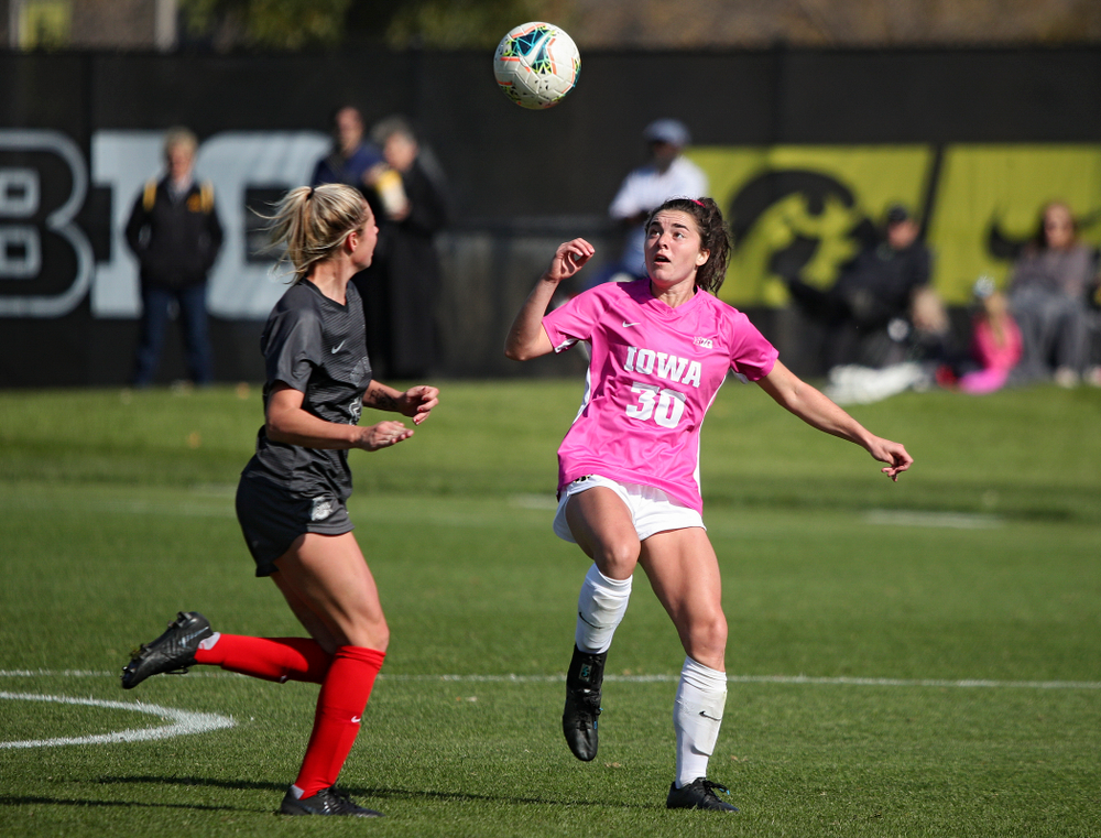 Iowa forward Devin Burns (30) eyes the ball during the first half of their match at the Iowa Soccer Complex in Iowa City on Sunday, Oct 27, 2019. (Stephen Mally/hawkeyesports.com)