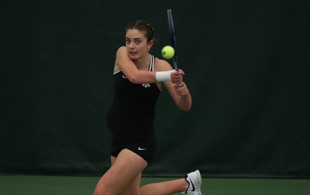 Iowa's Sophie Clark against the Penn State Nittany Lions Sunday, February 24, 2019 at the Hawkeye Tennis and Recreation Complex. (Brian Ray/hawkeyesports.com)