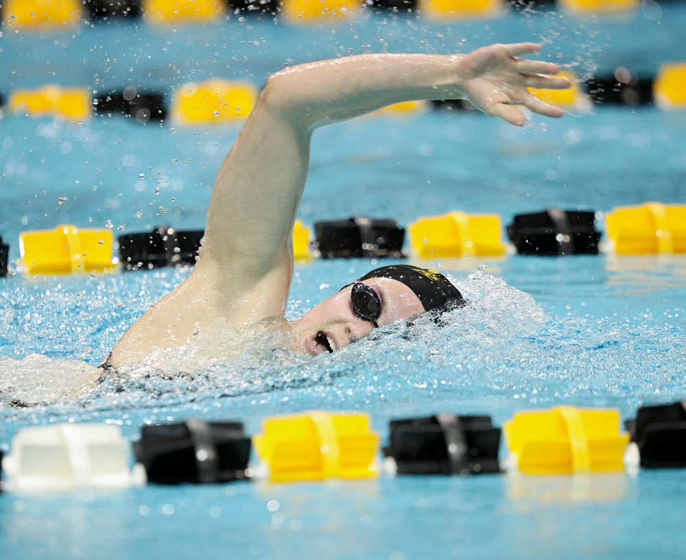 Iowa’s Alleyna Thomas swims the freestyle section of the 100-yard individual medley event during their meet against Michigan State at the Campus Recreation and Wellness Center in Iowa City on Thursday, Oct 3, 2019. (Stephen Mally/hawkeyesports.com)