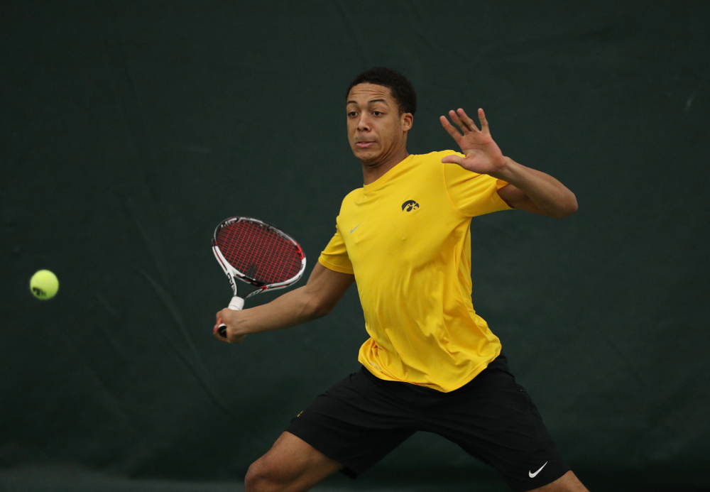 Oliver Okonkwo against the Butler Bulldogs Sunday, January 27, 2019 at the Hawkeye Tennis and Recreation Complex. (Brian Ray/hawkeyesports.com)