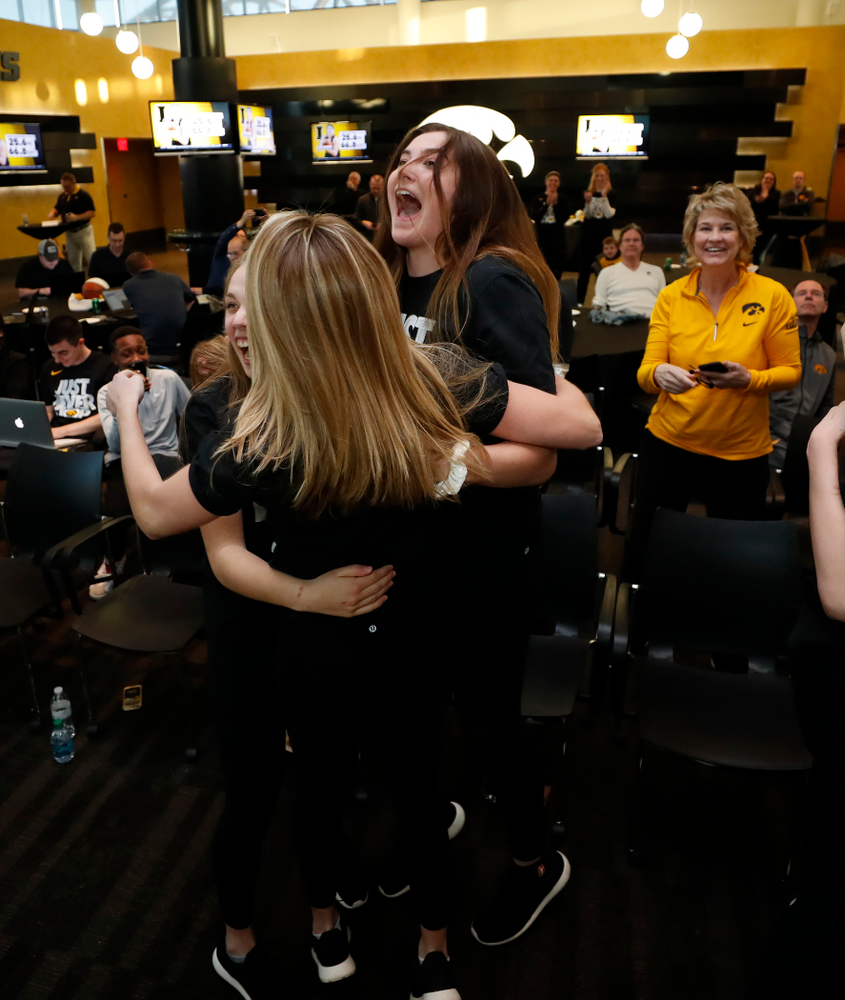 The Iowa Hawkeyes celebrate after finding out their seed in the 2018 NCAA Women's Basketball Tournament