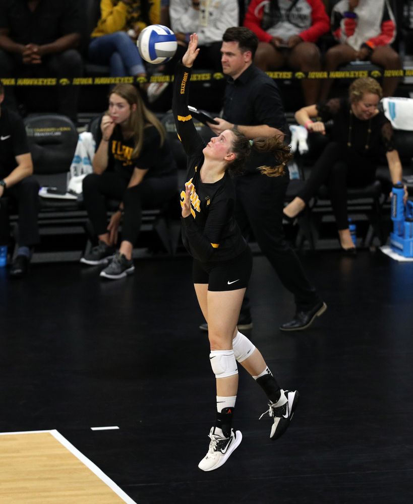Iowa Hawkeyes outside hitter Edina Schmidt (20) against the Iowa State Cyclones Saturday, September 21, 2019 at Carver-Hawkeye Arena. (Brian Ray/hawkeyesports.com)