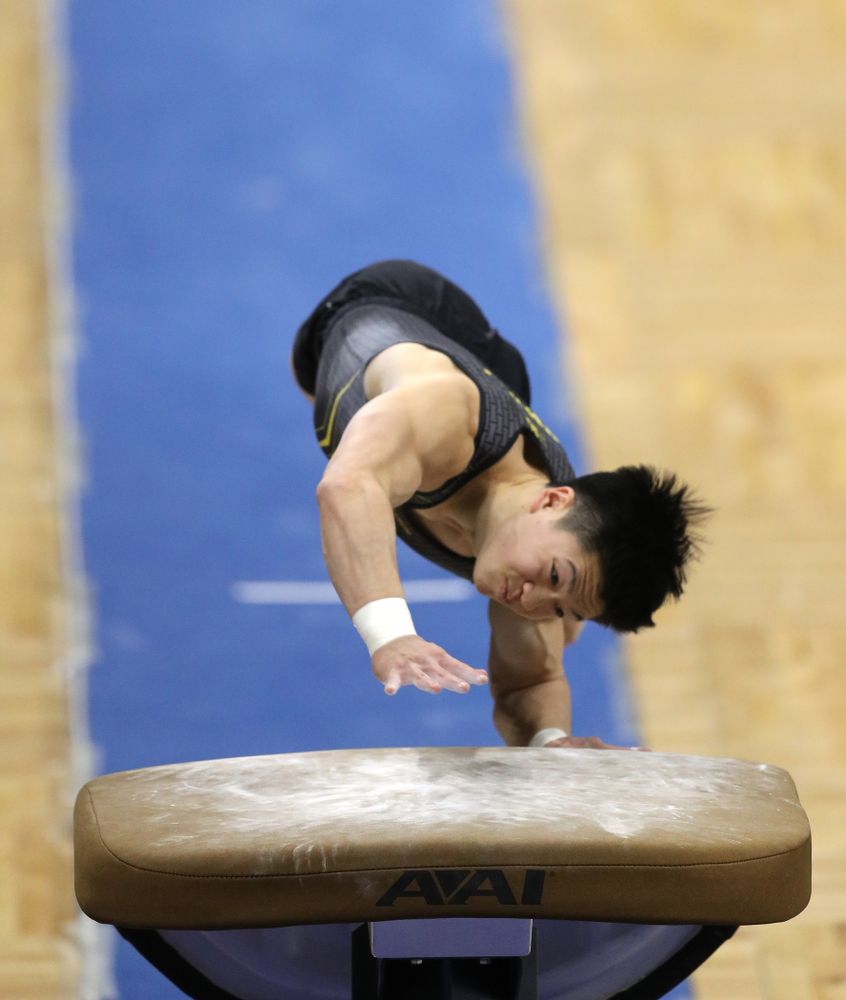Iowa's Bennet Huang competes on the vault against Oklahoma Saturday, February 9, 2019 at Carver-Hawkeye Arena. (Brian Ray/hawkeyesports.com)