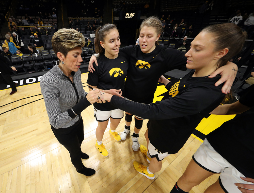 Iowa Hawkeyes associate head coach Jan Jensen and forward Amanda Ollinger (43) against North Alabama Thursday, November 14, 2019 at Carver-Hawkeye Arena. (Brian Ray/hawkeyesports.com)