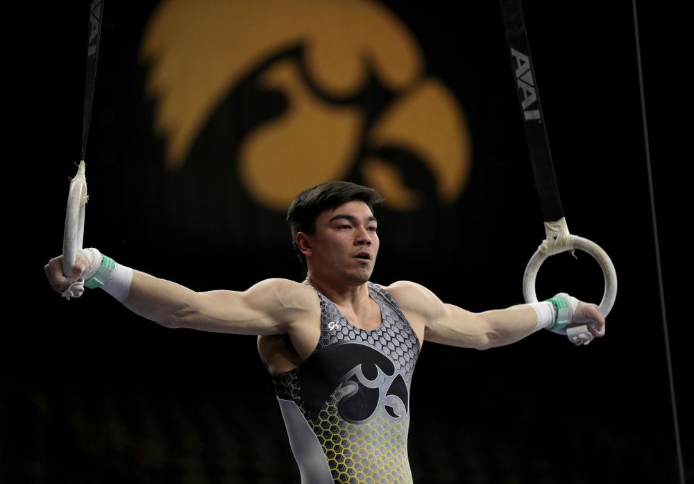 Iowa’s Brandon Wong competes on the rings against Illinois Sunday, March 1, 2020 at Carver-Hawkeye Arena. (Brian Ray/hawkeyesports.com)