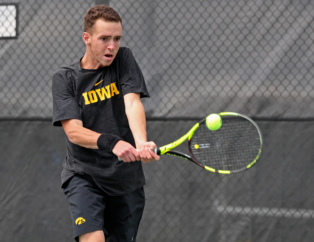Iowa's Kareen Allaf competes during a match against Ohio State at the Hawkeye Tennis and Recreation Complex in Iowa City on Sunday, Apr. 7, 2019. (Stephen Mally/hawkeyesports.com)