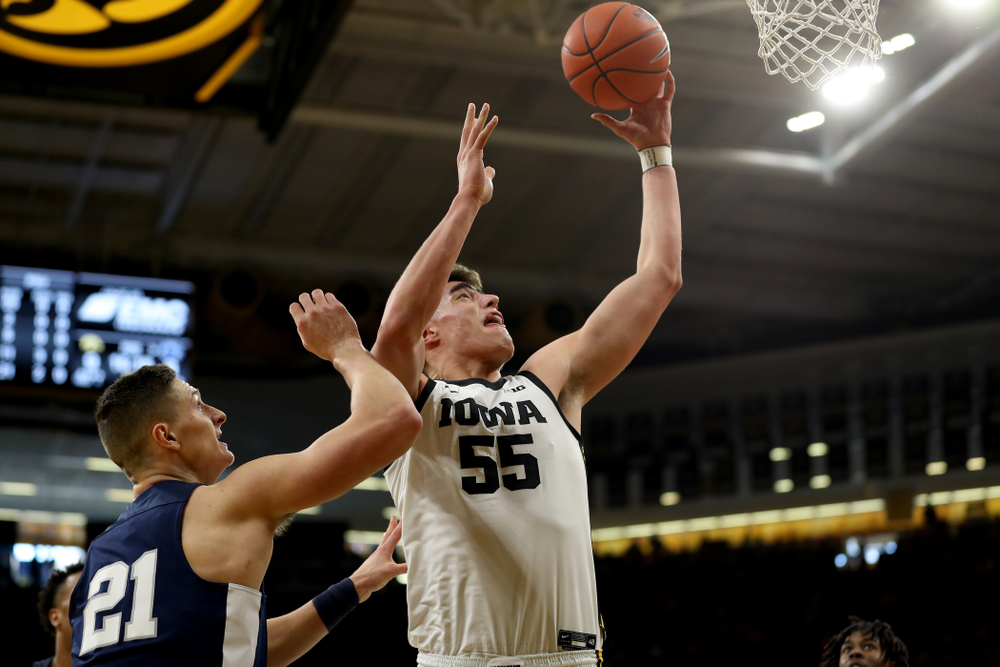 Iowa Hawkeyes forward Luka Garza (55) goes to the hoop against Penn State Saturday, February 29, 2020 at Carver-Hawkeye Arena. (Brian Ray/hawkeyesports.com)
