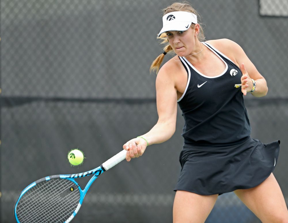 Iowa's Ashleigh Jacobs during a match against Rutgers at the Hawkeye Tennis and Recreation Complex in Iowa City on Friday, Apr. 5, 2019. (Stephen Mally/hawkeyesports.com)
