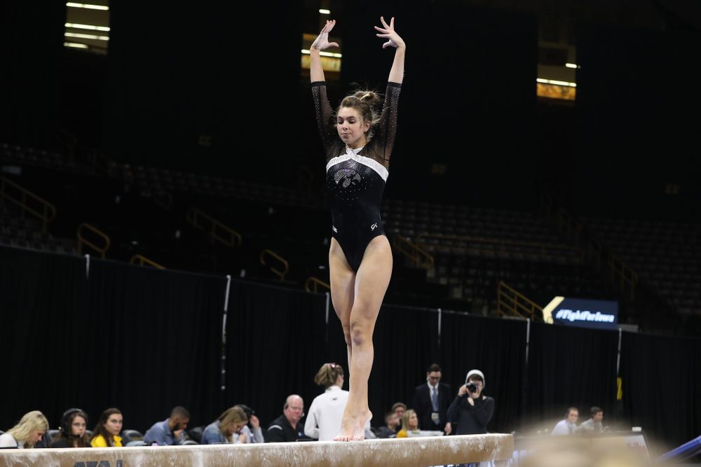 Iowa's Bridget Killian competes on the beam against the Rutgers Scarlet Knights Saturday, January 26, 2019 at Carver-Hawkeye Arena. (Brian Ray/hawkeyesports.com)
