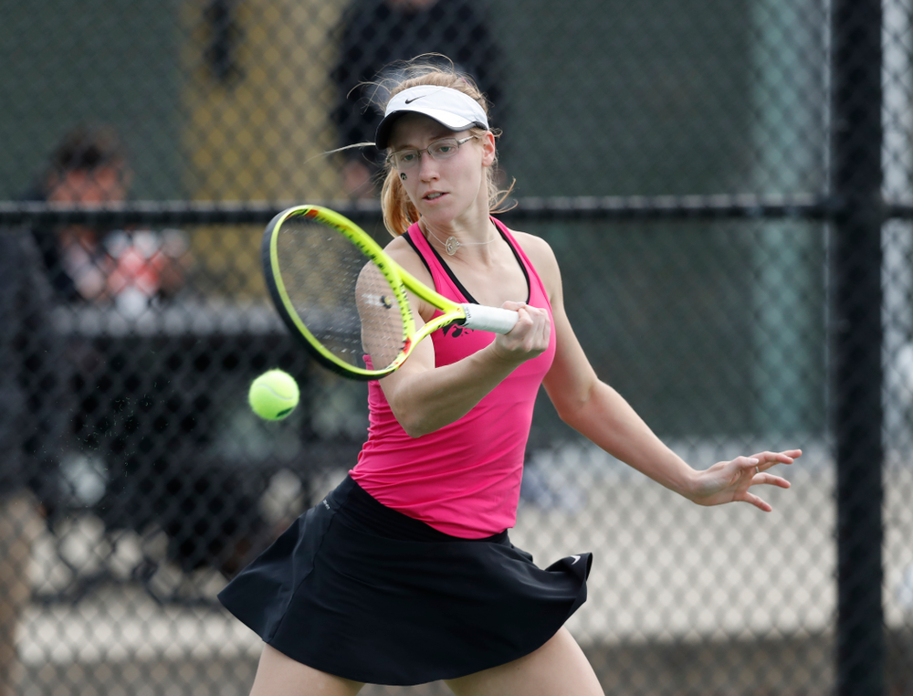 Montana Crawford against Minnesota Friday, April 20, 2018 at the Hawkeye Tennis and Recreation Center. (Brian Ray/hawkeyesports.com)