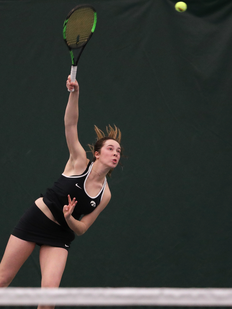 Iowa's Samantha Mannix and Elise Van Heuvelen Treadwell play a doubles match against the Penn State Nittany Lions Sunday, February 24, 2019 at the Hawkeye Tennis and Recreation Complex. (Brian Ray/hawkeyesports.com)