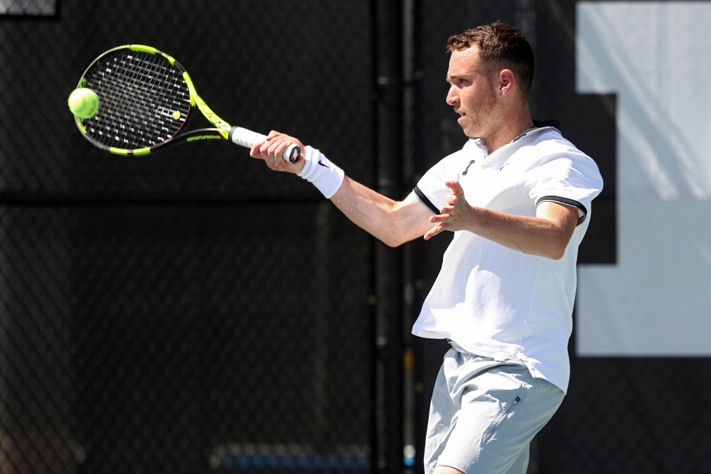 Iowa's Kareem Allaf during his match against Michigan at the Hawkeye Tennis and Recreation Complex in Iowa City on Sunday, Apr. 21, 2019. (Stephen Mally/hawkeyesports.com)