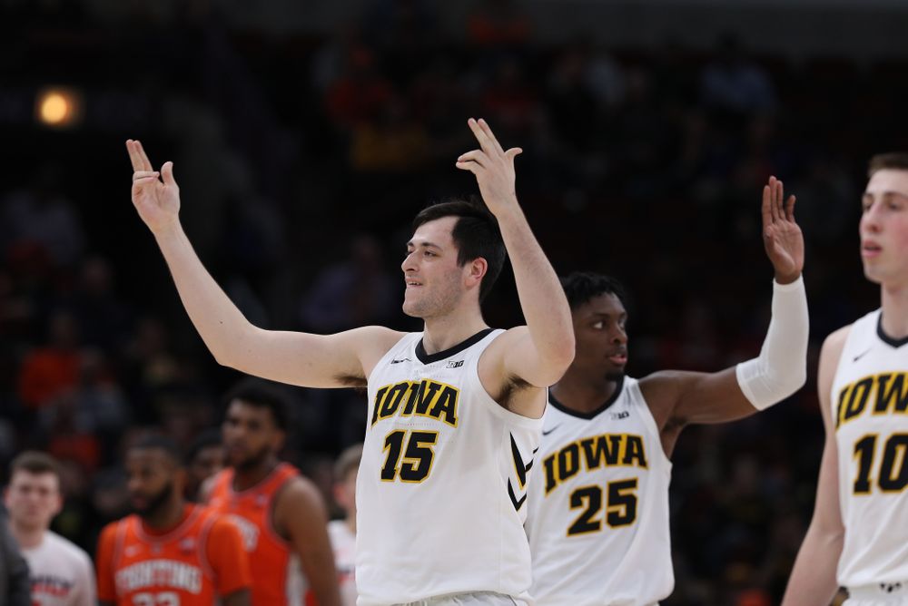 Iowa Hawkeyes forward Ryan Kriener (15) against the Illinois Fighting Illini in the 2019 Big Ten Men's Basketball Tournament Thursday, March 14, 2019 at the United Center in Chicago. (Brian Ray/hawkeyesports.com)