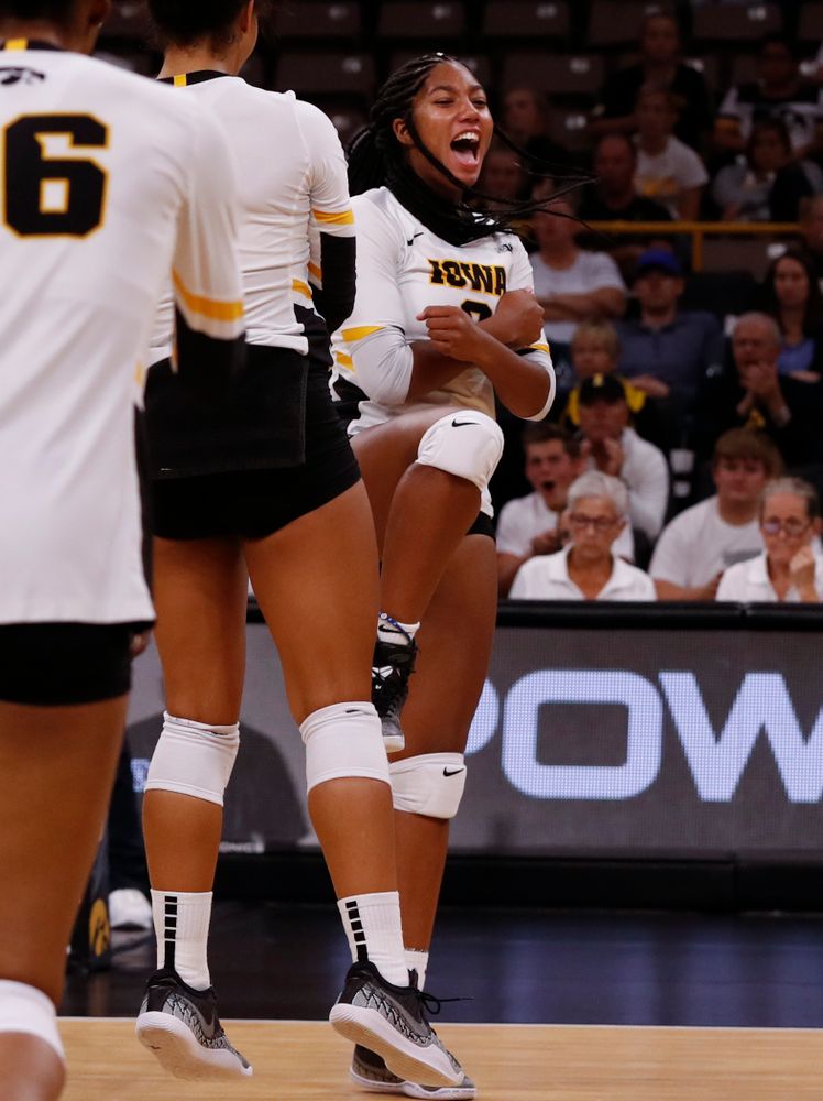 Iowa Hawkeyes middle blocker Amiya Jones (9) against the Michigan State Spartans Friday, September 21, 2018 at Carver-Hawkeye Arena. (Brian Ray/hawkeyesports.com)