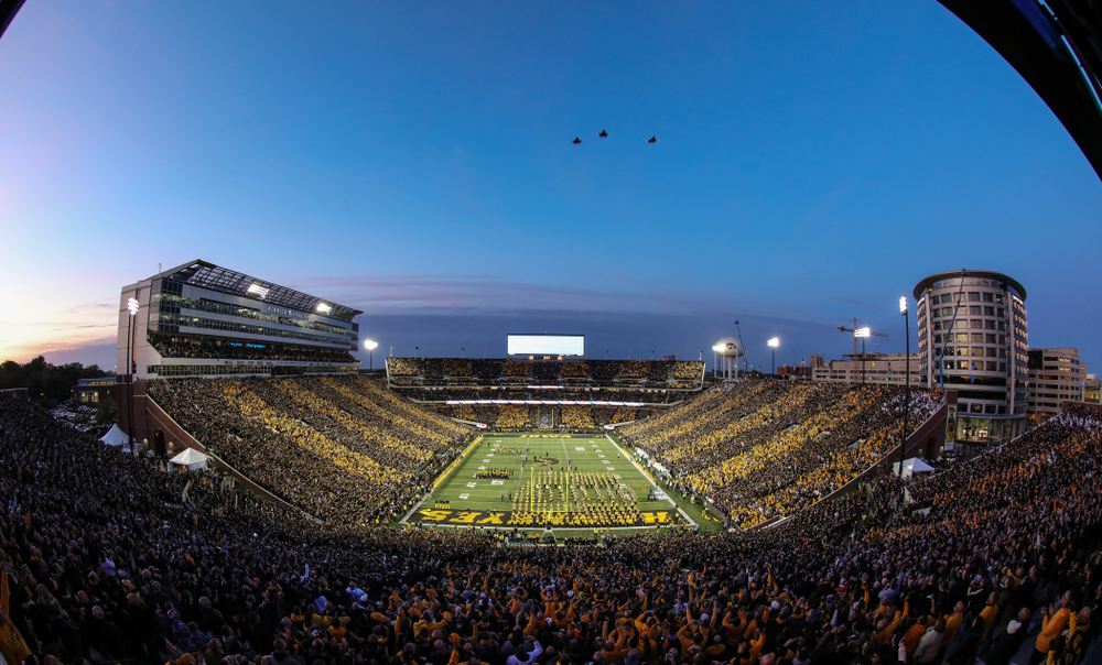 Three F35 Lightnings fly over before the Iowa Hawkeyes game against the Penn State Nittany Lions Saturday, October 12, 2019 at Kinnick Stadium. (Brian Ray/hawkeyesports.com)