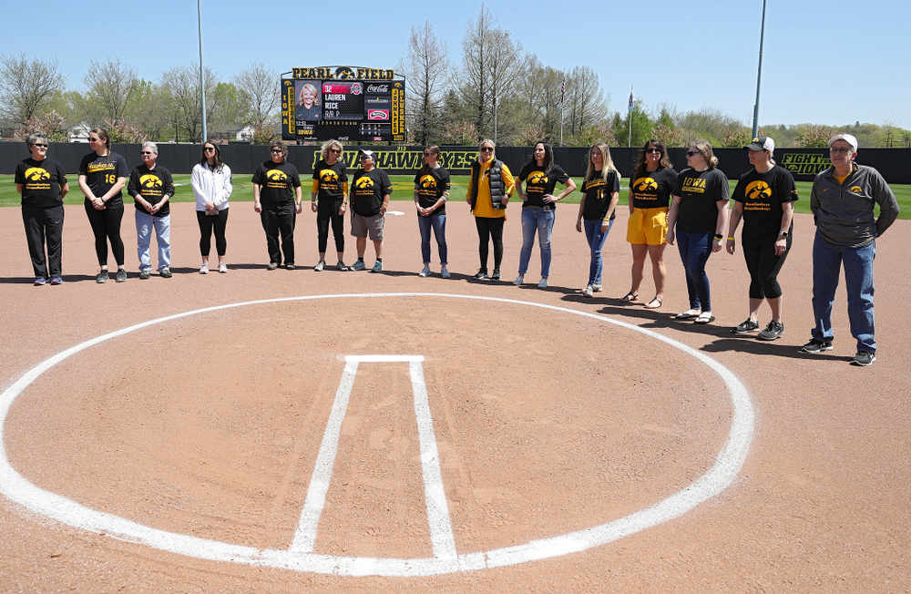 Former Iowa Hawkeyes players are recognized before the game against Ohio State at Pearl Field in Iowa City on Saturday, May. 4, 2019. (Stephen Mally/hawkeyesports.com)