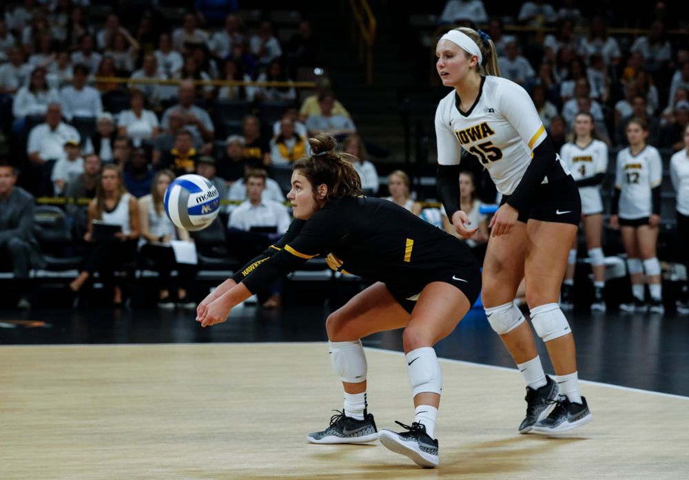 Iowa Hawkeyes defensive specialist Molly Kelly (1) against the Michigan State Spartans Friday, September 21, 2018 at Carver-Hawkeye Arena. (Brian Ray/hawkeyesports.com)