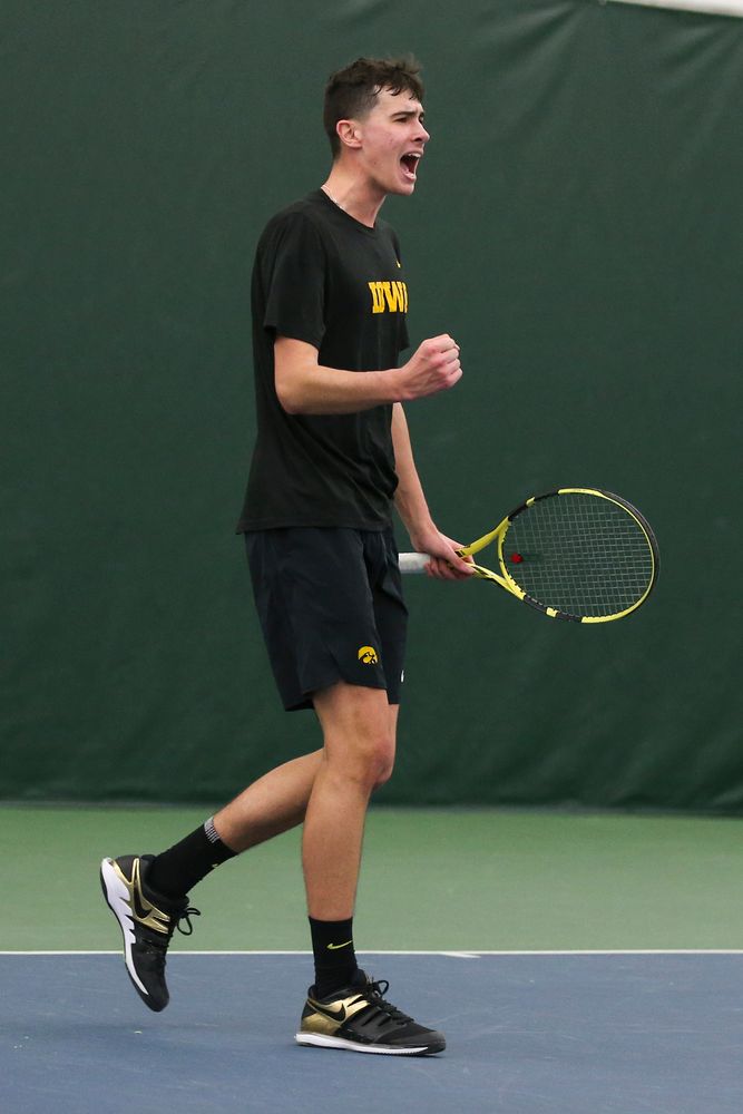 Iowa’s Matt Clegg celebrates a point during the Iowa men’s tennis meet vs VCU on Saturday, February 29, 2020 at the Hawkeye Tennis and Recreation Complex. (Lily Smith/hawkeyesports.com)