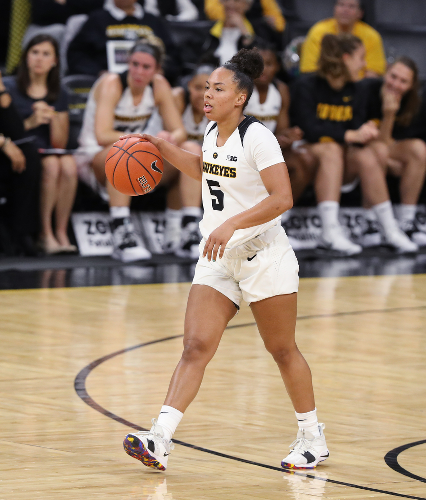 Iowa Hawkeyes guard Alexis Sevillian (5) against Dakota Wesleyan University Tuesday, November 6, 2018 at Carver-Hawkeye Arena. (Brian Ray/hawkeyesports.com)